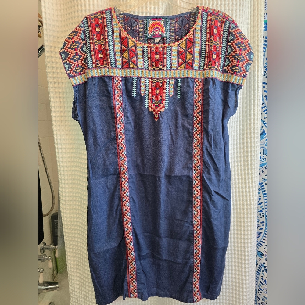 Johnny Was Navy Blue Embroidered Boho Dress with Red and Pink Accents